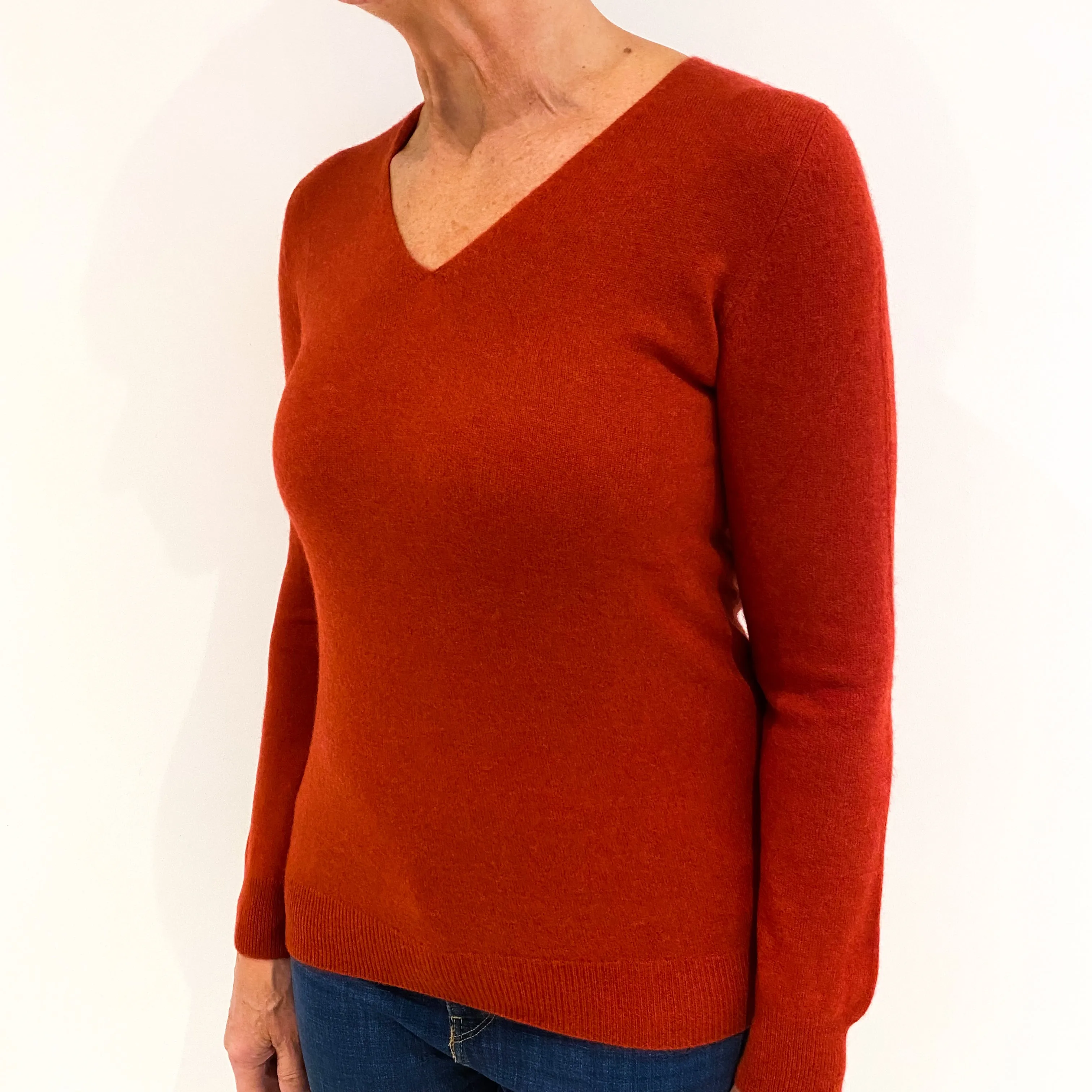 Rust Orange Cashmere V-Neck Jumper Medium