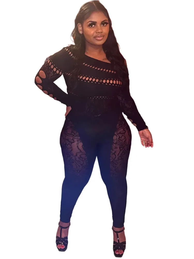 Sexy Women's Off-Shoulder Long Sleeve Skinny Jumpsuit with Diamond Details - Hollow Tight Clubwear Overalls