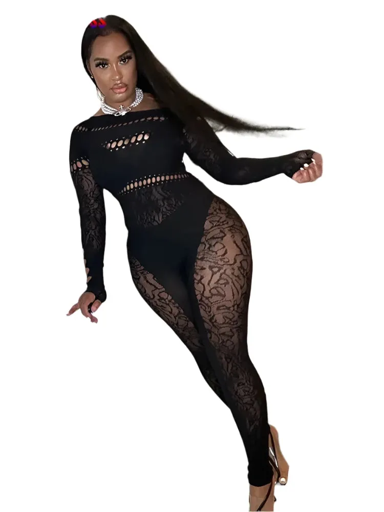 Sexy Women's Off-Shoulder Long Sleeve Skinny Jumpsuit with Diamond Details - Hollow Tight Clubwear Overalls