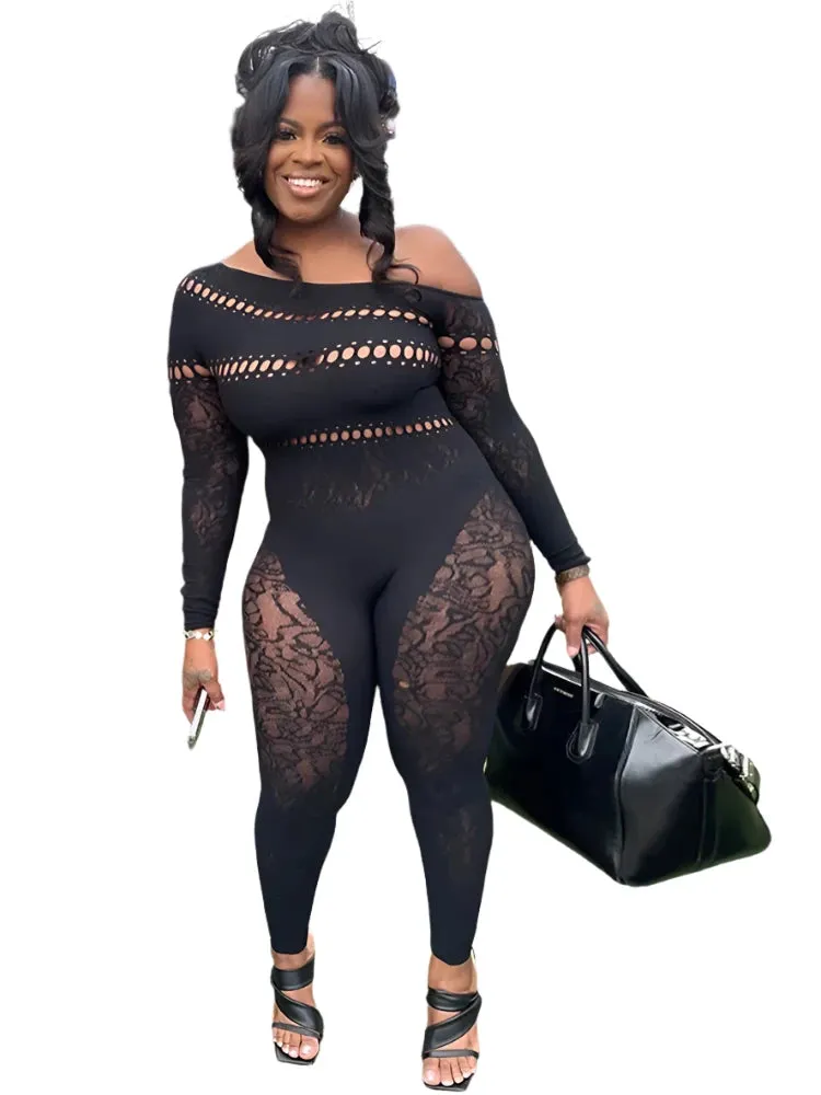 Sexy Women's Off-Shoulder Long Sleeve Skinny Jumpsuit with Diamond Details - Hollow Tight Clubwear Overalls