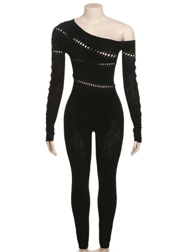 Sexy Women's Off-Shoulder Long Sleeve Skinny Jumpsuit with Diamond Details - Hollow Tight Clubwear Overalls