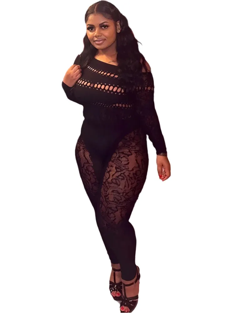 Sexy Women's Off-Shoulder Long Sleeve Skinny Jumpsuit with Diamond Details - Hollow Tight Clubwear Overalls