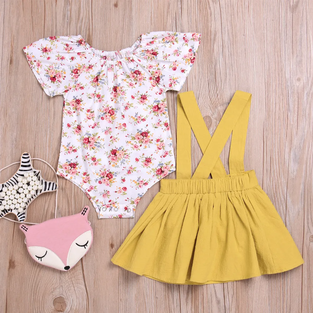short Sleeve round neck Floral print Bodysuit solid strap Skirts 2pc