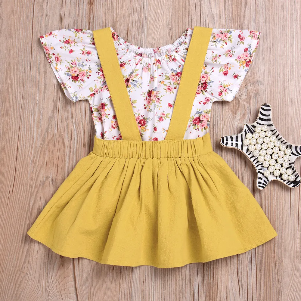 short Sleeve round neck Floral print Bodysuit solid strap Skirts 2pc