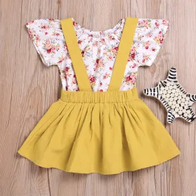 short Sleeve round neck Floral print Bodysuit solid strap Skirts 2pc