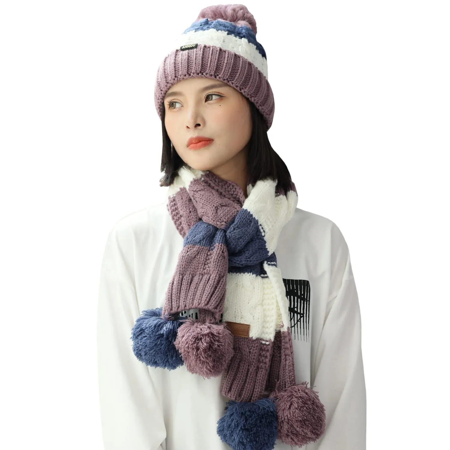 Sidiou Group Women Winter Warm Thicken Pom Pom Knitted Beanie Hat Windproof Soft Cute Earmuff 2 Piece Knit Hat and Scarf Set