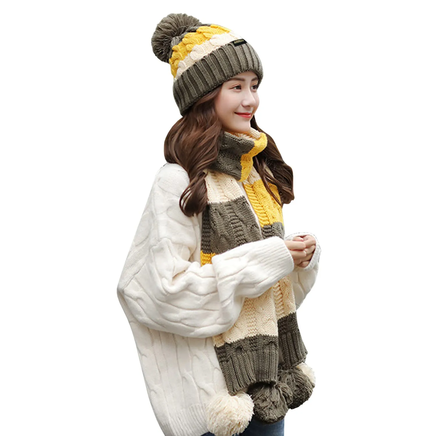 Sidiou Group Women Winter Warm Thicken Pom Pom Knitted Beanie Hat Windproof Soft Cute Earmuff 2 Piece Knit Hat and Scarf Set
