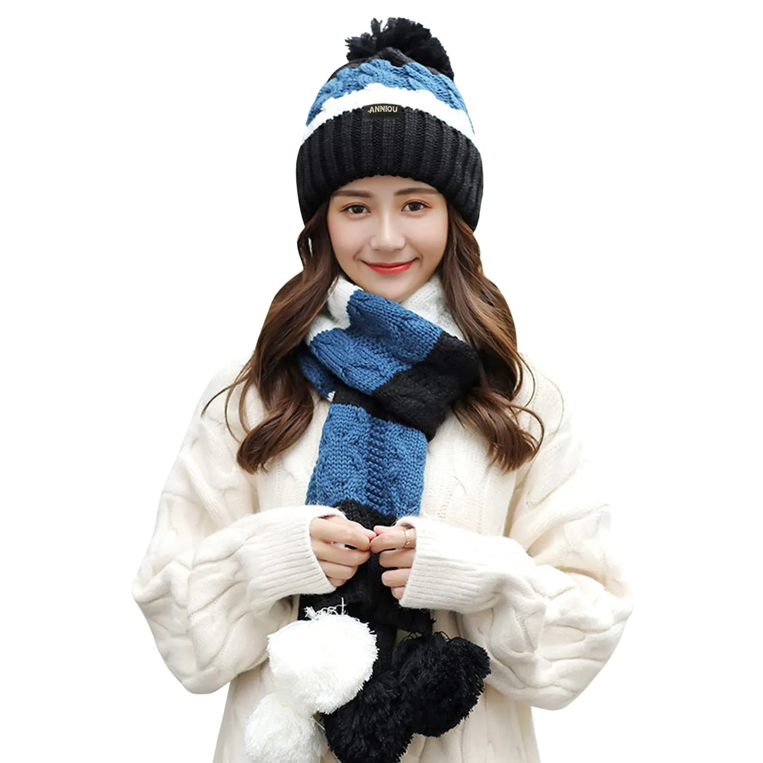 Sidiou Group Women Winter Warm Thicken Pom Pom Knitted Beanie Hat Windproof Soft Cute Earmuff 2 Piece Knit Hat and Scarf Set