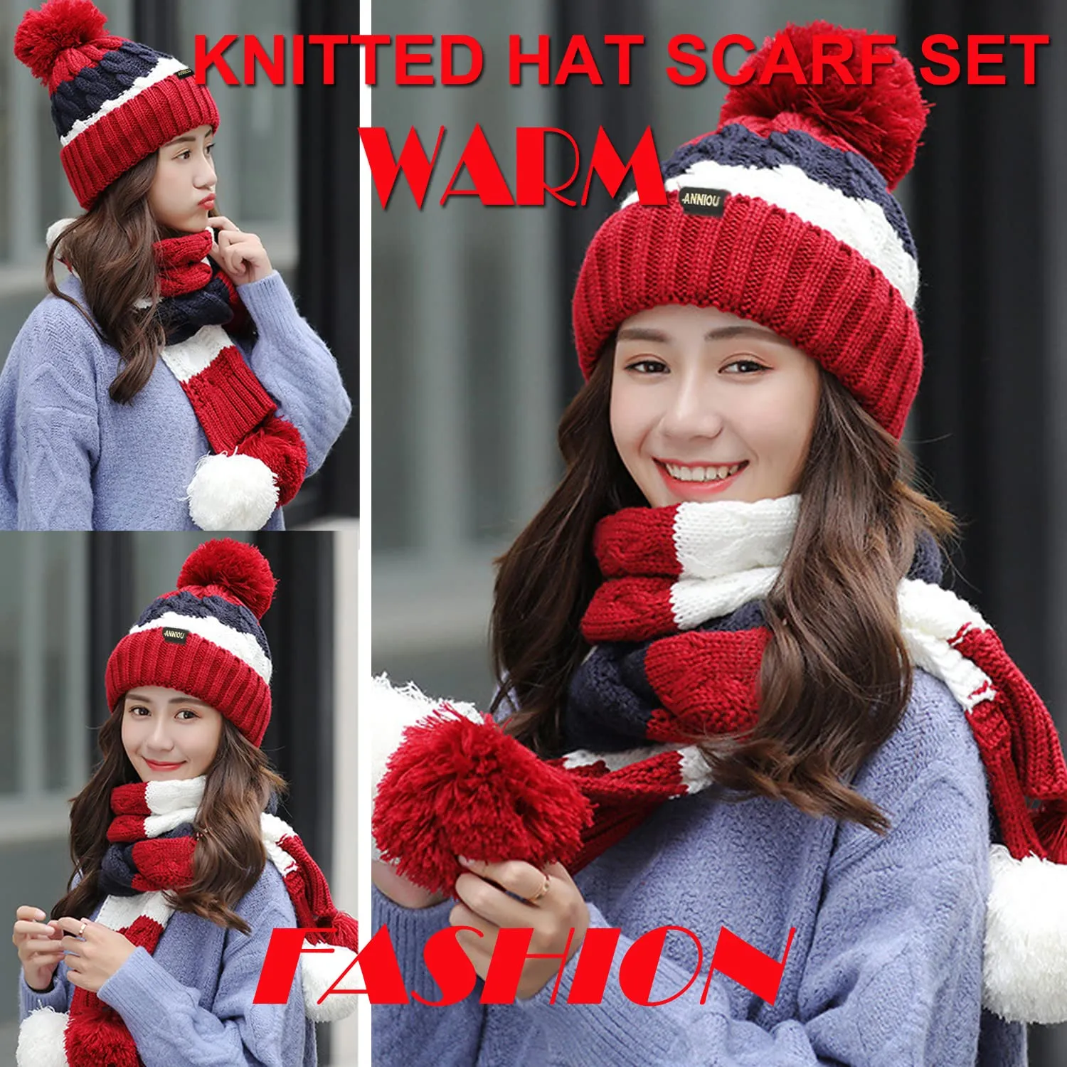Sidiou Group Women Winter Warm Thicken Pom Pom Knitted Beanie Hat Windproof Soft Cute Earmuff 2 Piece Knit Hat and Scarf Set