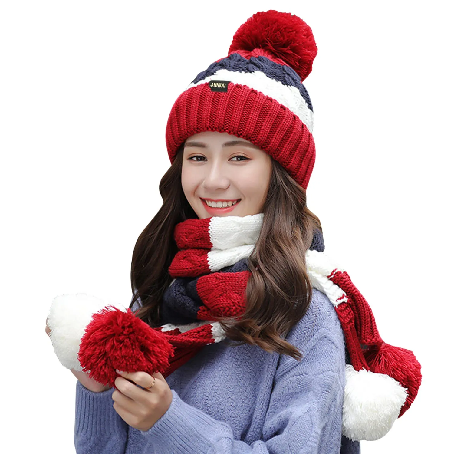 Sidiou Group Women Winter Warm Thicken Pom Pom Knitted Beanie Hat Windproof Soft Cute Earmuff 2 Piece Knit Hat and Scarf Set