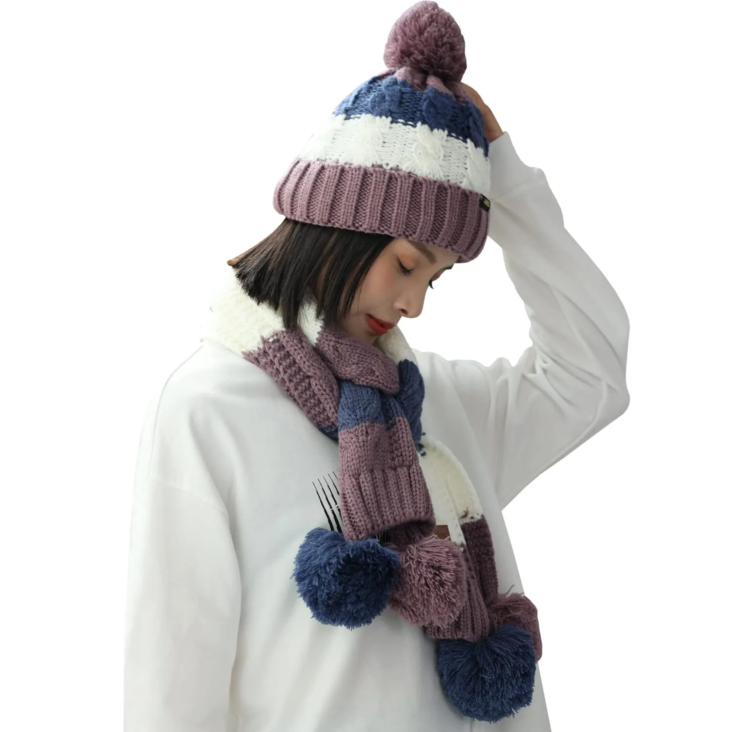Sidiou Group Women Winter Warm Thicken Pom Pom Knitted Beanie Hat Windproof Soft Cute Earmuff 2 Piece Knit Hat and Scarf Set