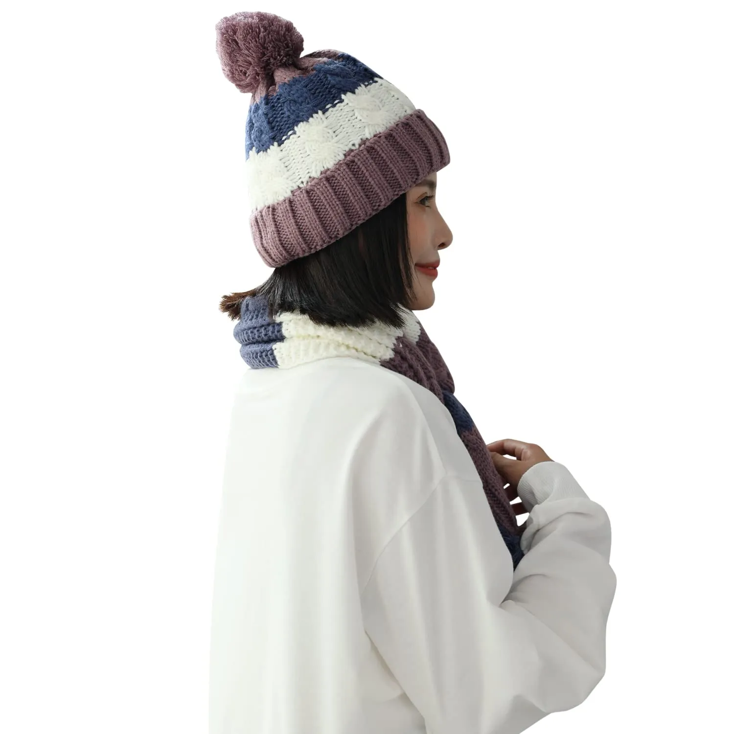 Sidiou Group Women Winter Warm Thicken Pom Pom Knitted Beanie Hat Windproof Soft Cute Earmuff 2 Piece Knit Hat and Scarf Set