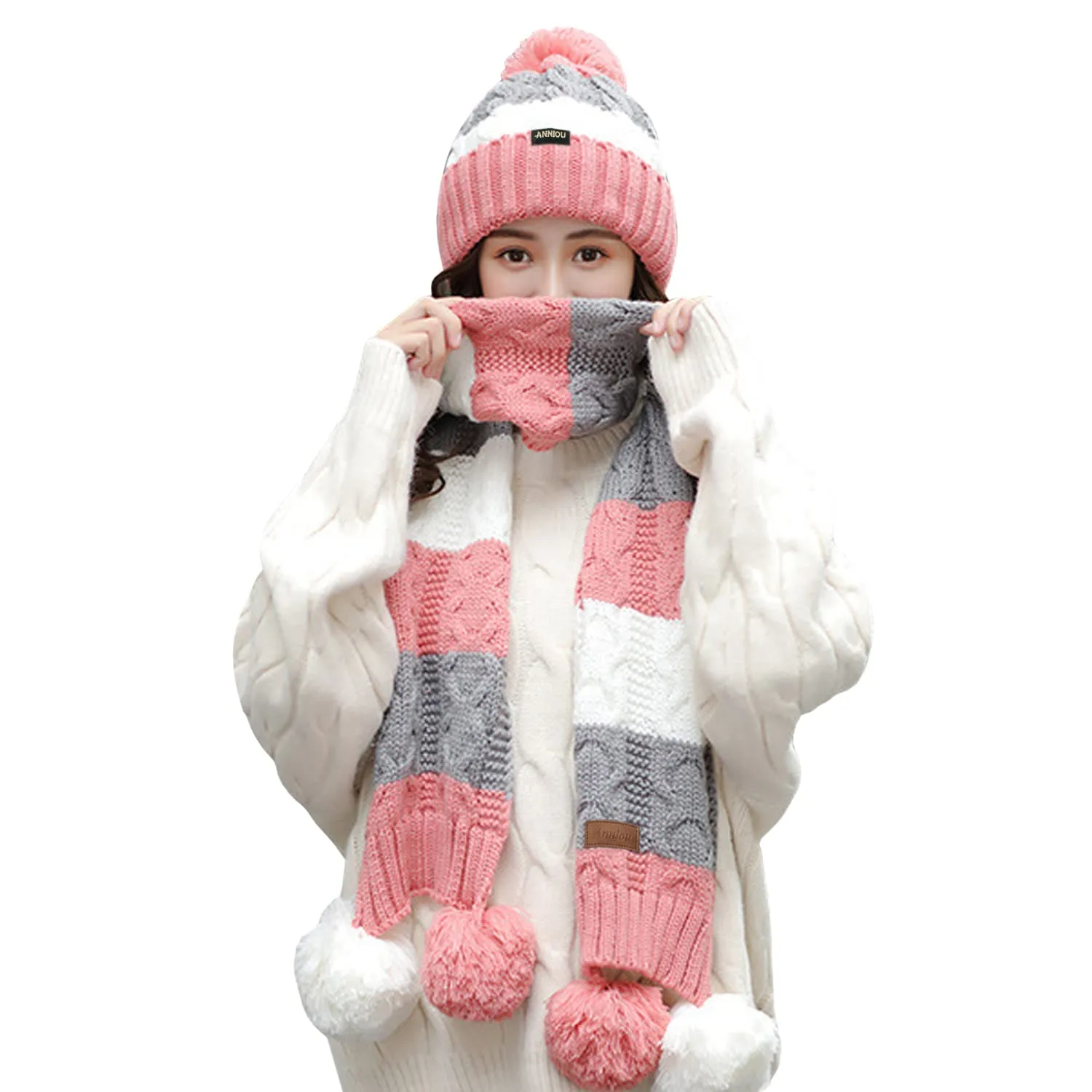Sidiou Group Women Winter Warm Thicken Pom Pom Knitted Beanie Hat Windproof Soft Cute Earmuff 2 Piece Knit Hat and Scarf Set