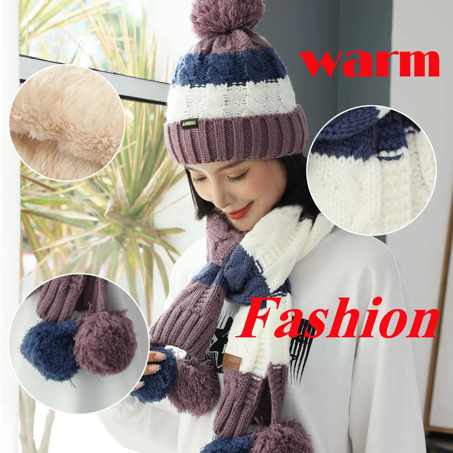 Sidiou Group Women Winter Warm Thicken Pom Pom Knitted Beanie Hat Windproof Soft Cute Earmuff 2 Piece Knit Hat and Scarf Set