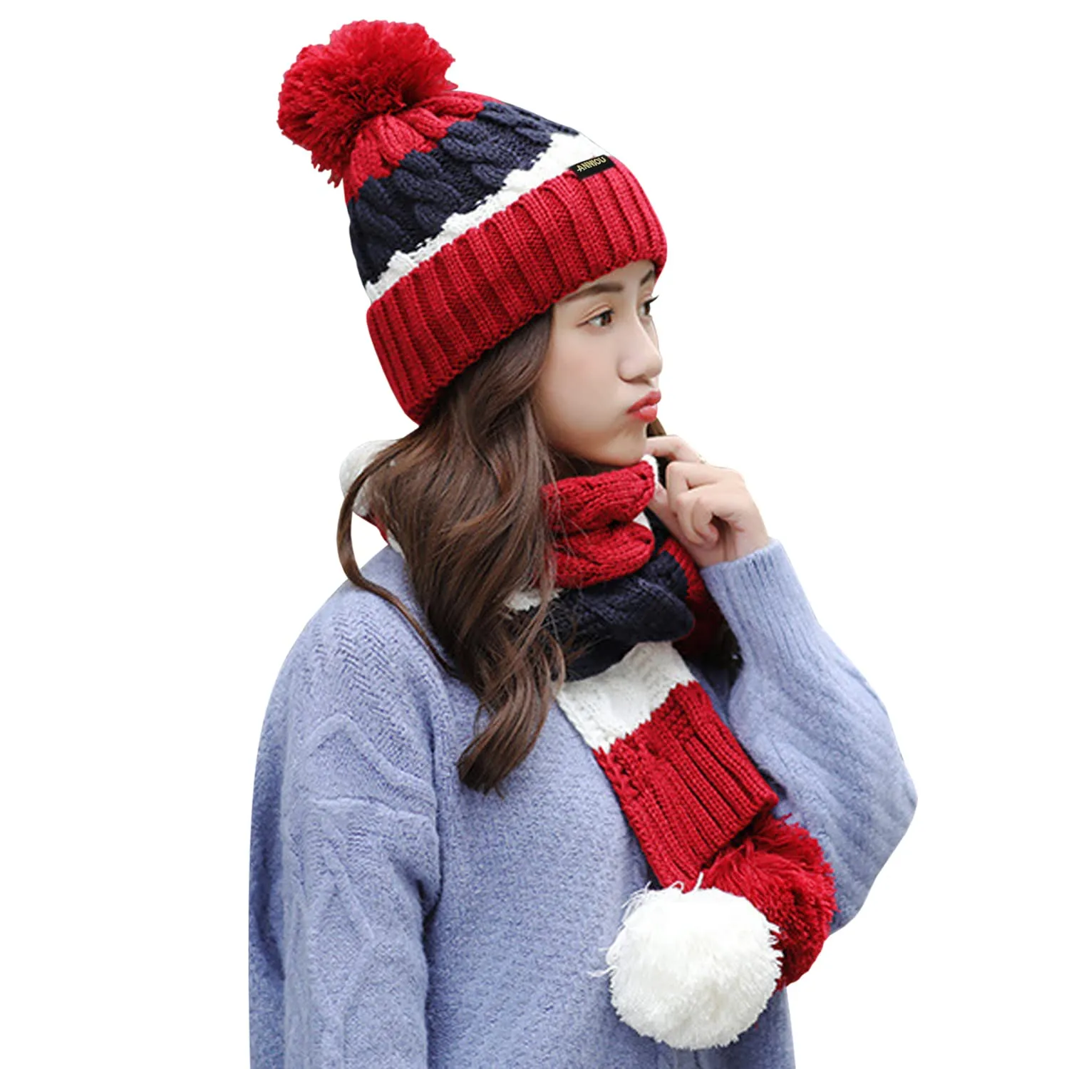 Sidiou Group Women Winter Warm Thicken Pom Pom Knitted Beanie Hat Windproof Soft Cute Earmuff 2 Piece Knit Hat and Scarf Set