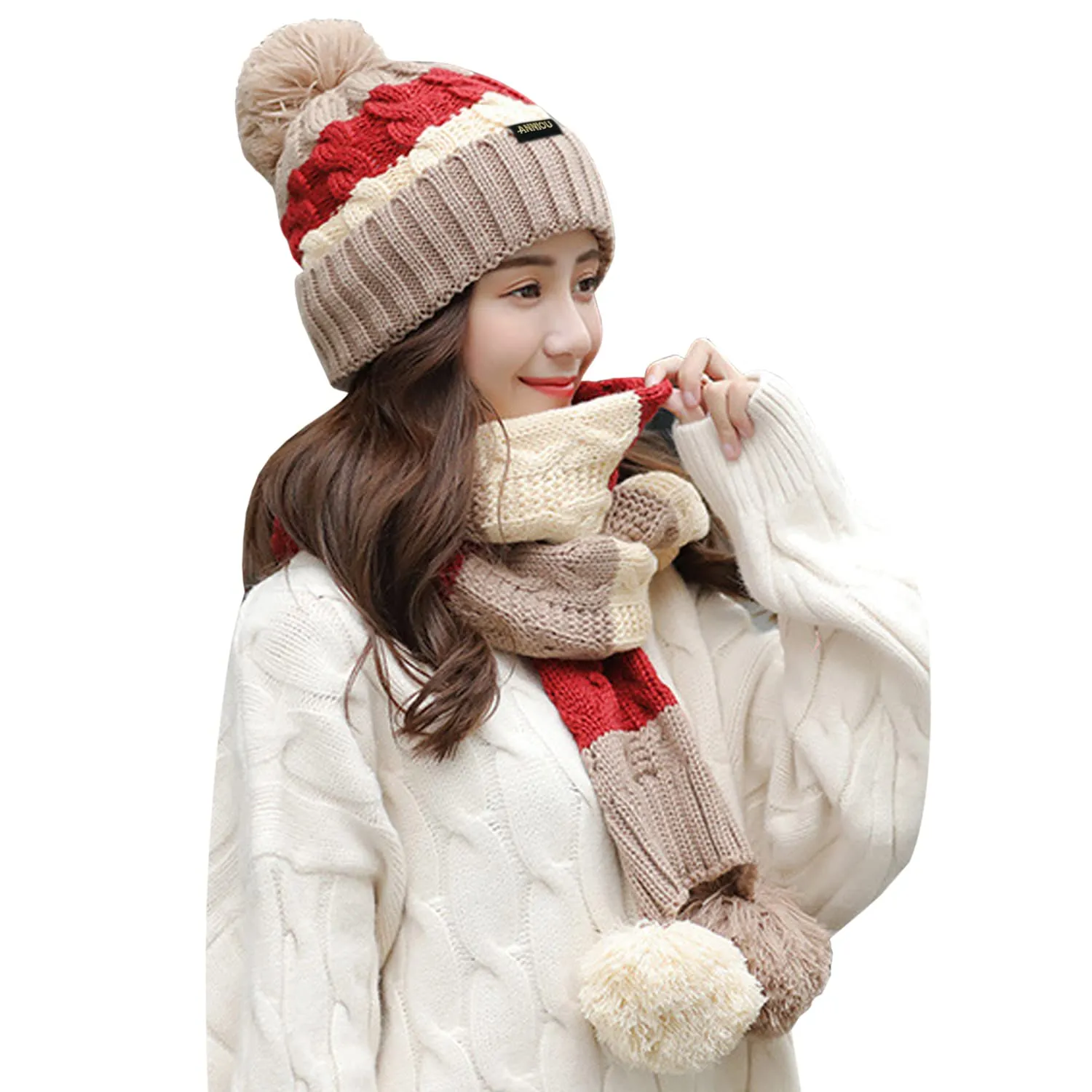Sidiou Group Women Winter Warm Thicken Pom Pom Knitted Beanie Hat Windproof Soft Cute Earmuff 2 Piece Knit Hat and Scarf Set