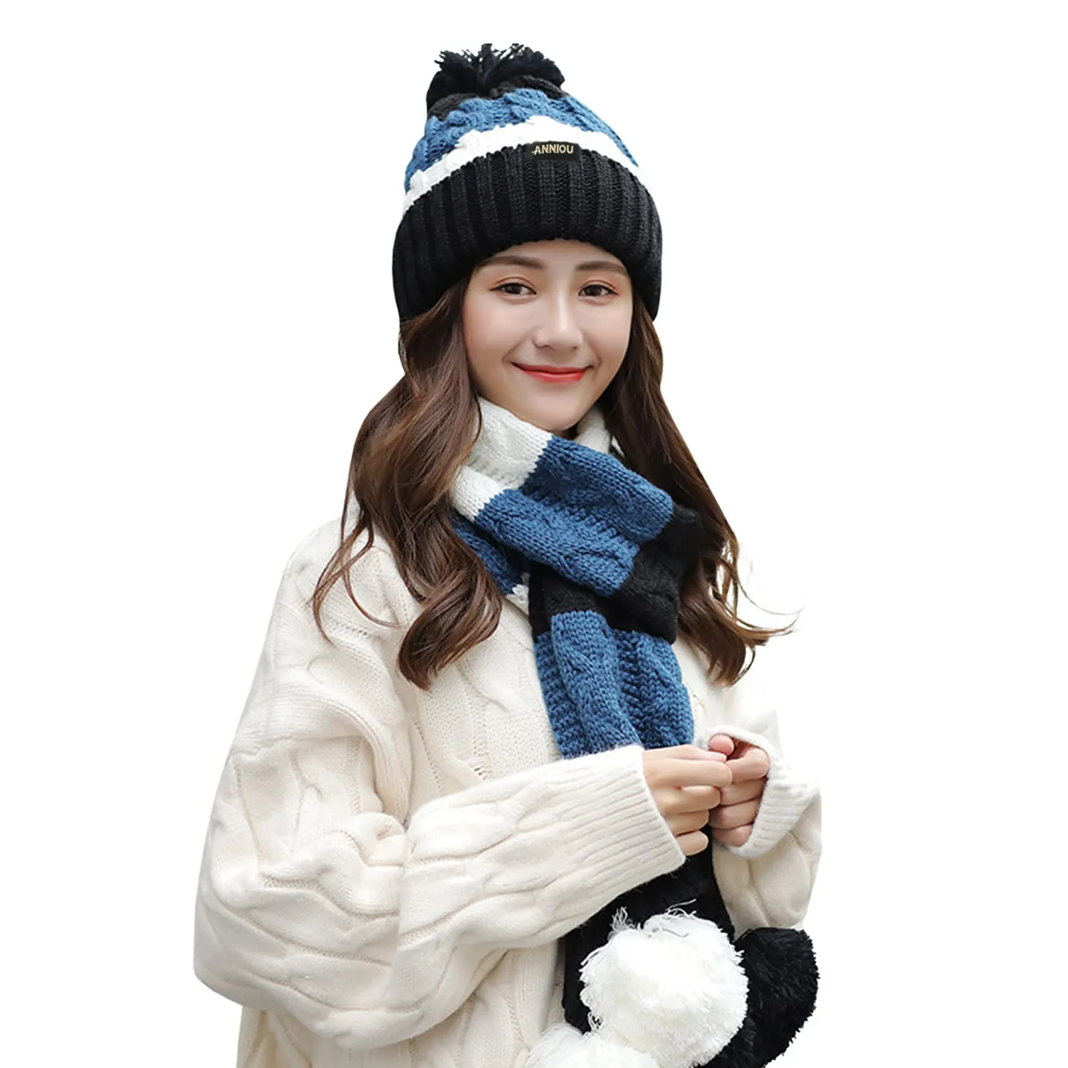 Sidiou Group Women Winter Warm Thicken Pom Pom Knitted Beanie Hat Windproof Soft Cute Earmuff 2 Piece Knit Hat and Scarf Set