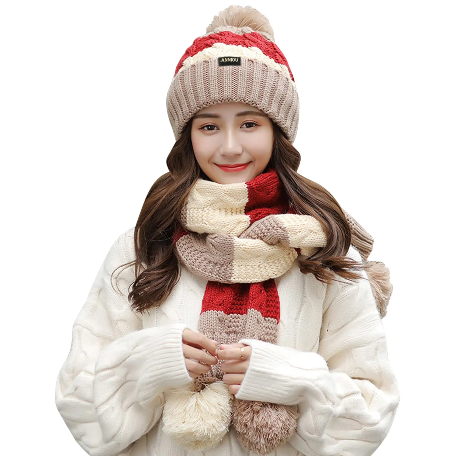 Sidiou Group Women Winter Warm Thicken Pom Pom Knitted Beanie Hat Windproof Soft Cute Earmuff 2 Piece Knit Hat and Scarf Set