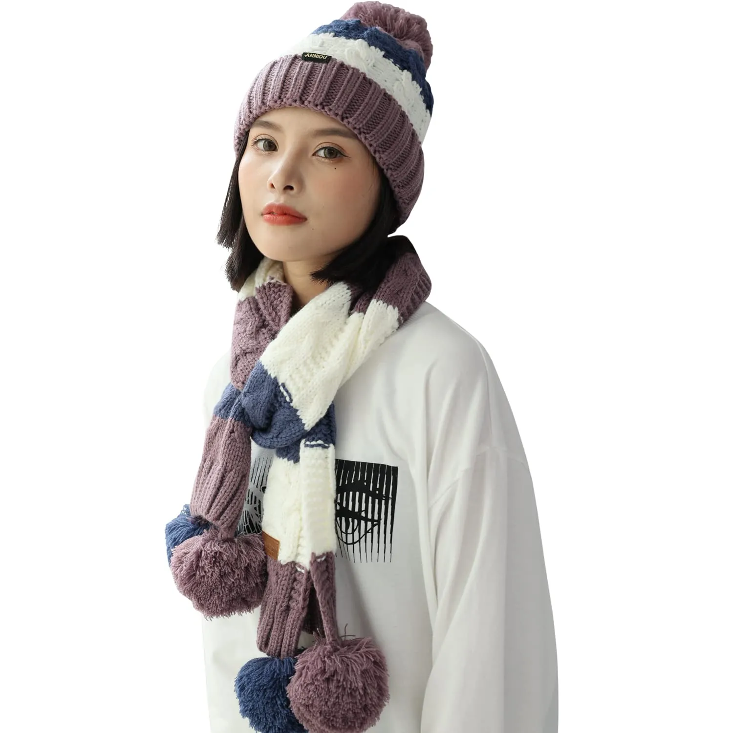 Sidiou Group Women Winter Warm Thicken Pom Pom Knitted Beanie Hat Windproof Soft Cute Earmuff 2 Piece Knit Hat and Scarf Set