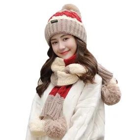 Sidiou Group Women Winter Warm Thicken Pom Pom Knitted Beanie Hat Windproof Soft Cute Earmuff 2 Piece Knit Hat and Scarf Set