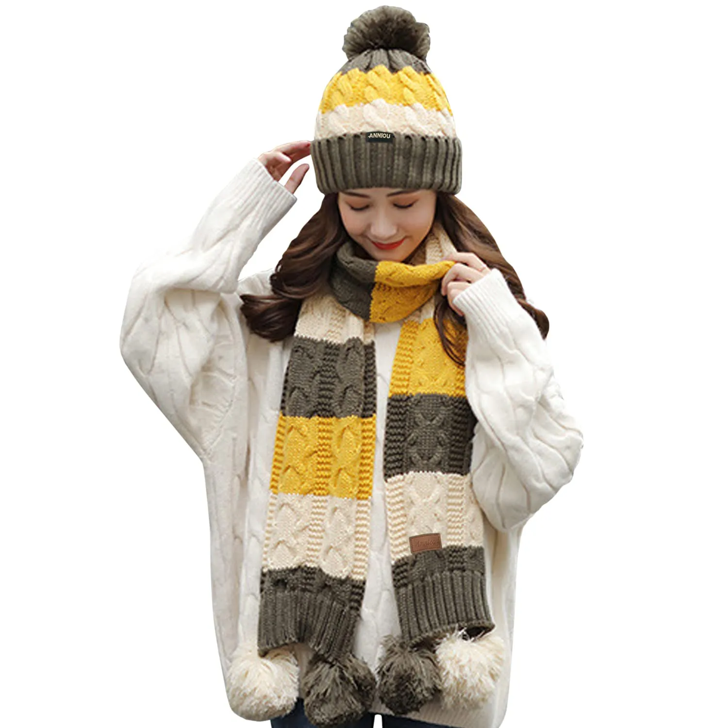 Sidiou Group Women Winter Warm Thicken Pom Pom Knitted Beanie Hat Windproof Soft Cute Earmuff 2 Piece Knit Hat and Scarf Set