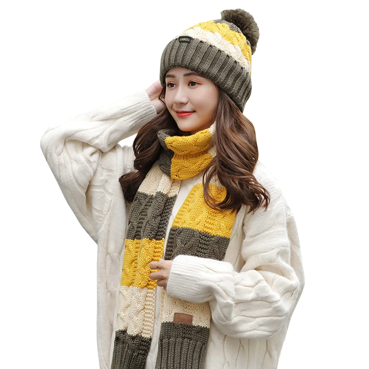 Sidiou Group Women Winter Warm Thicken Pom Pom Knitted Beanie Hat Windproof Soft Cute Earmuff 2 Piece Knit Hat and Scarf Set
