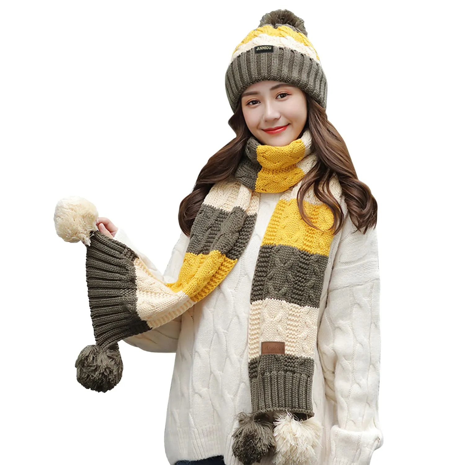 Sidiou Group Women Winter Warm Thicken Pom Pom Knitted Beanie Hat Windproof Soft Cute Earmuff 2 Piece Knit Hat and Scarf Set
