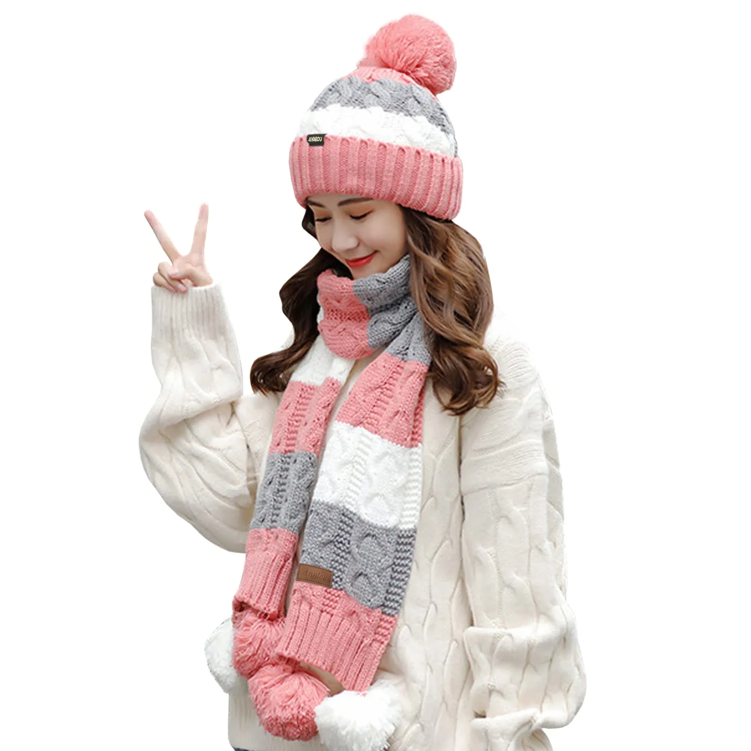 Sidiou Group Women Winter Warm Thicken Pom Pom Knitted Beanie Hat Windproof Soft Cute Earmuff 2 Piece Knit Hat and Scarf Set