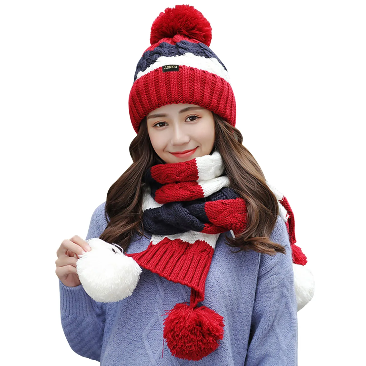 Sidiou Group Women Winter Warm Thicken Pom Pom Knitted Beanie Hat Windproof Soft Cute Earmuff 2 Piece Knit Hat and Scarf Set