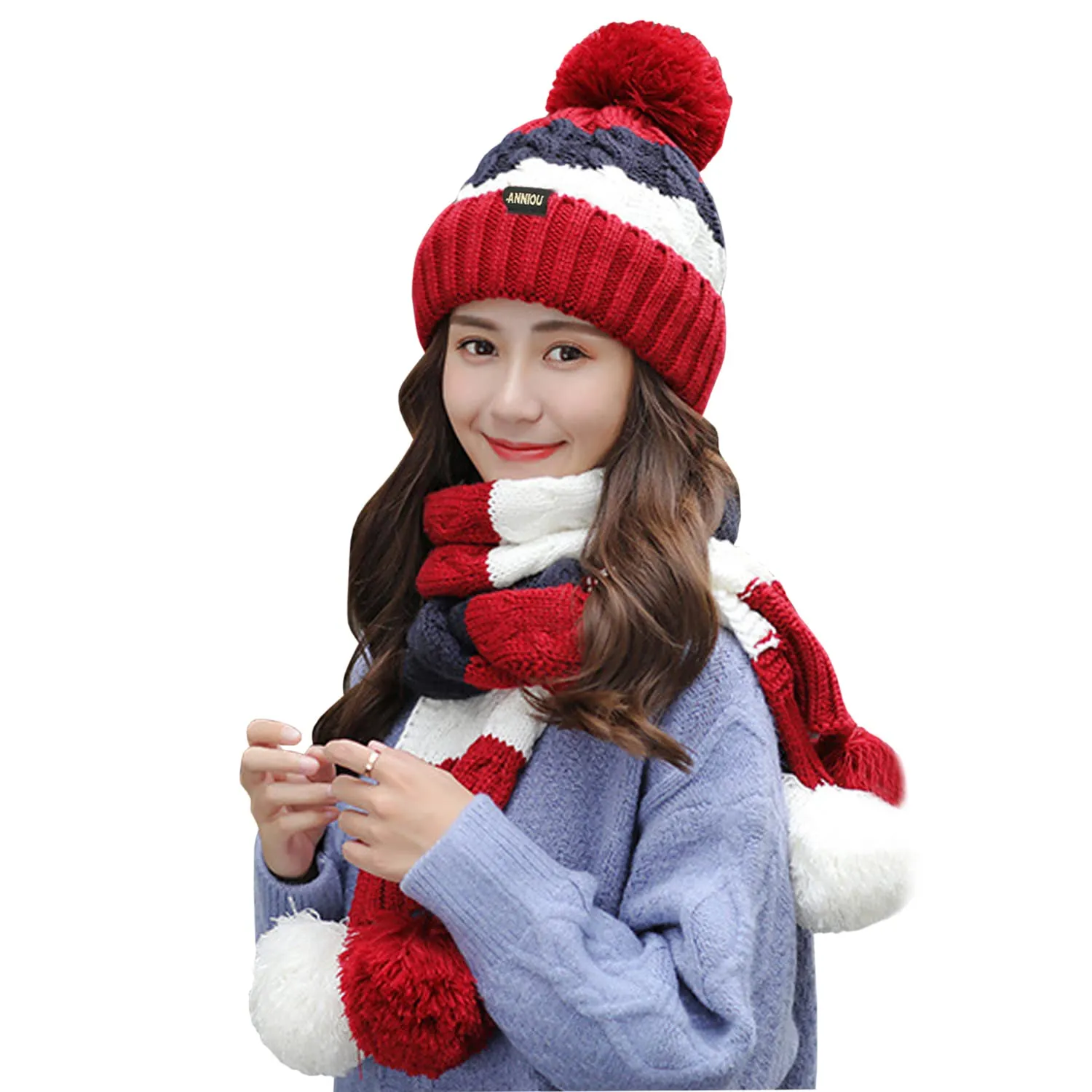 Sidiou Group Women Winter Warm Thicken Pom Pom Knitted Beanie Hat Windproof Soft Cute Earmuff 2 Piece Knit Hat and Scarf Set