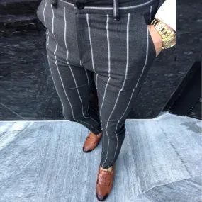 Slim Fit Pants Plaid Design Fashion Grey With Stripe Casual Pants