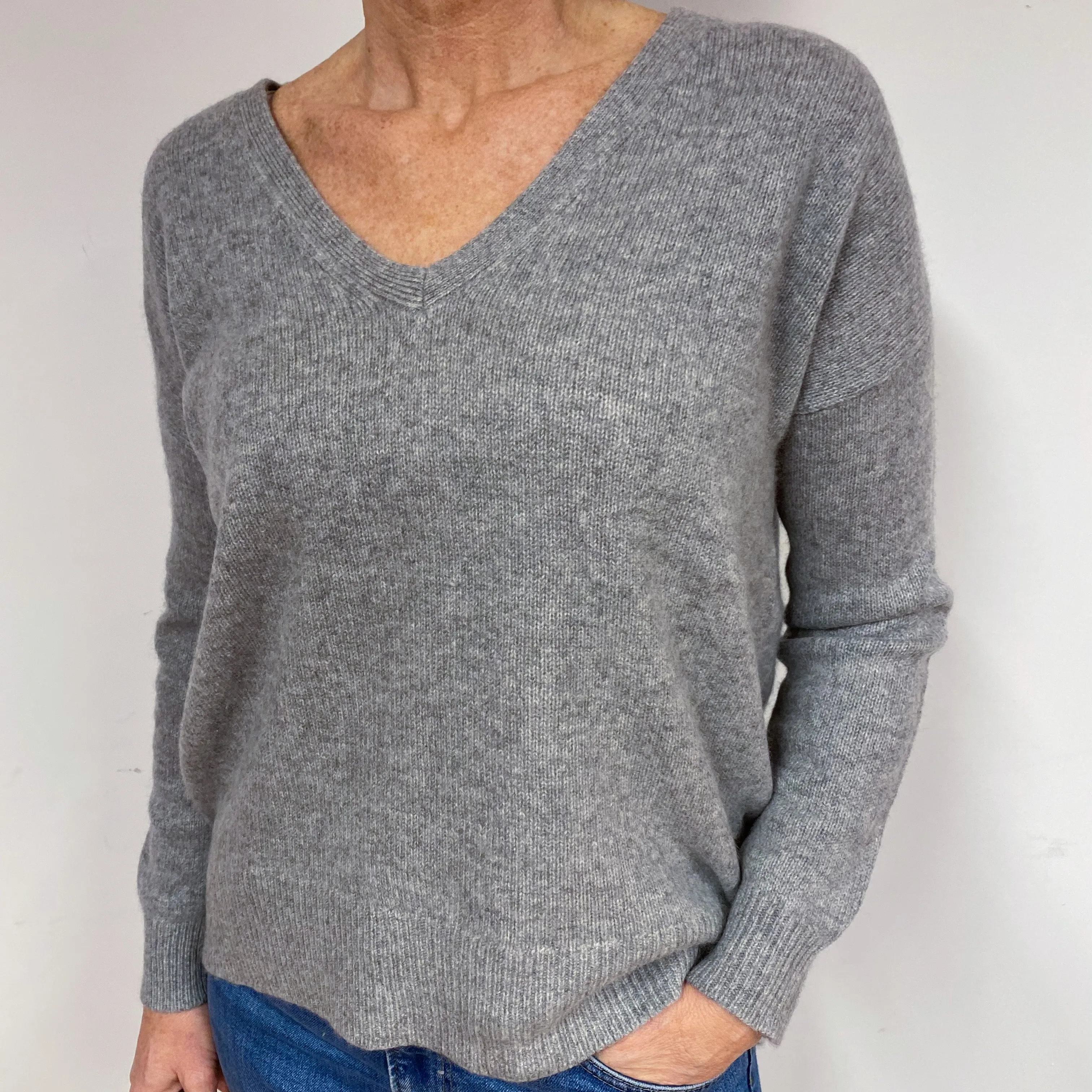 Slouchy Ash Grey Cashmere V-Neck Jumper Medium