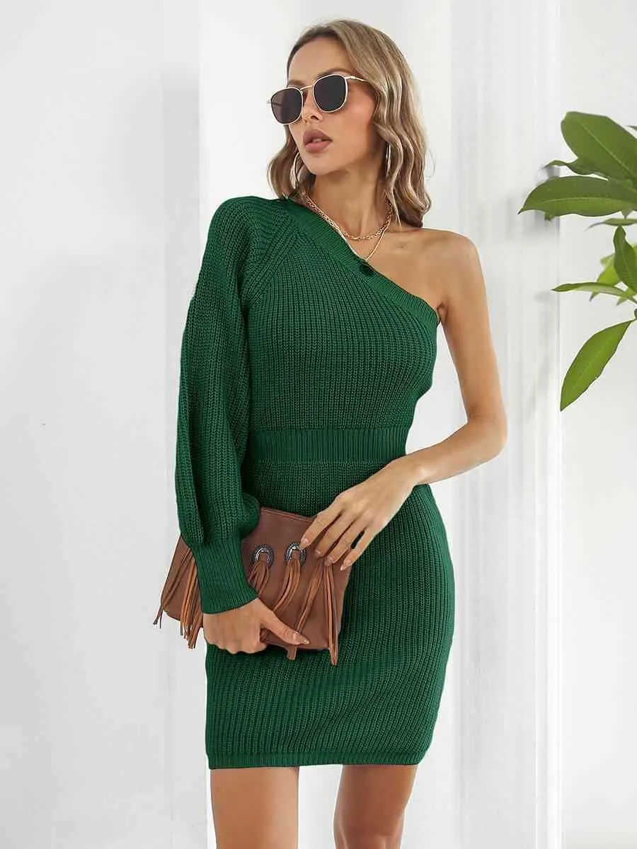 Sophisticatedly Comfy One Shoulder Sweater Dress