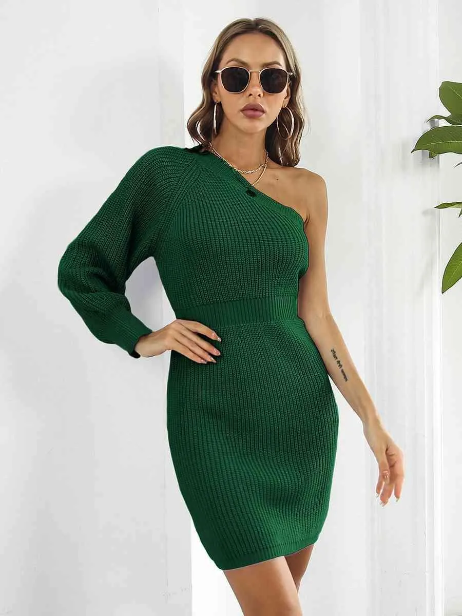 Sophisticatedly Comfy One Shoulder Sweater Dress