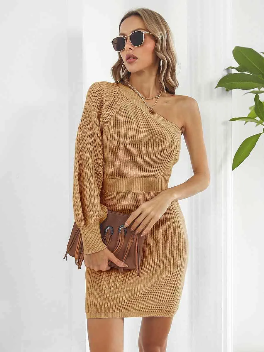 Sophisticatedly Comfy One Shoulder Sweater Dress