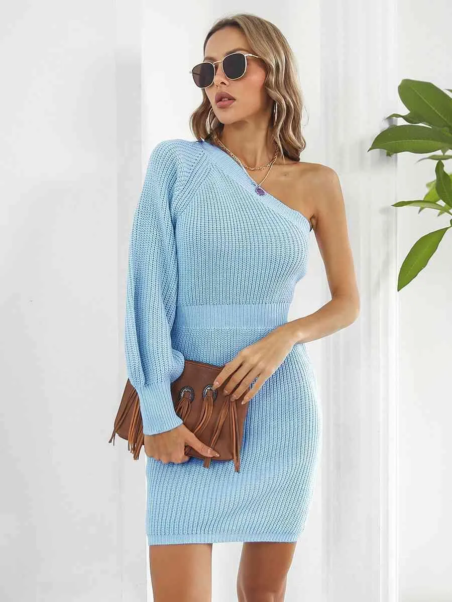 Sophisticatedly Comfy One Shoulder Sweater Dress
