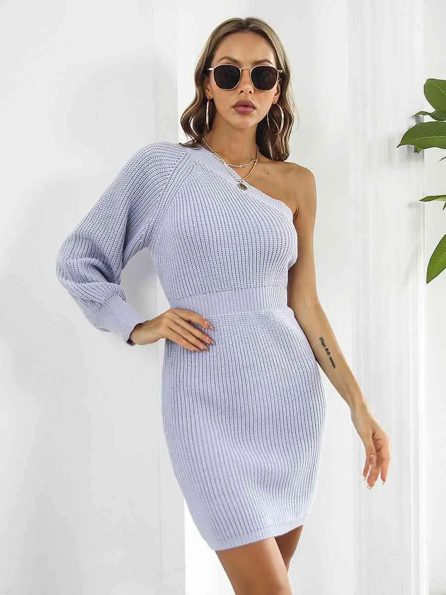 Sophisticatedly Comfy One Shoulder Sweater Dress