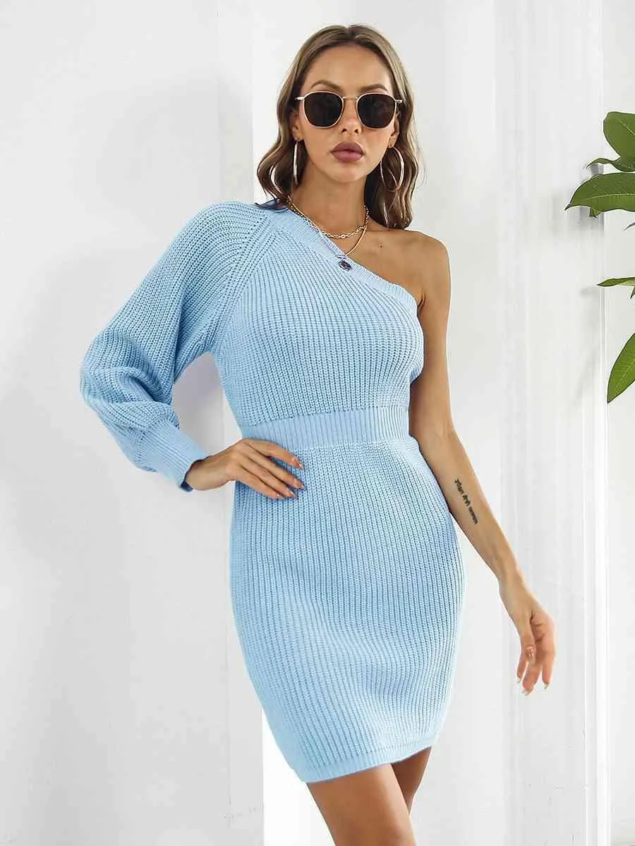 Sophisticatedly Comfy One Shoulder Sweater Dress