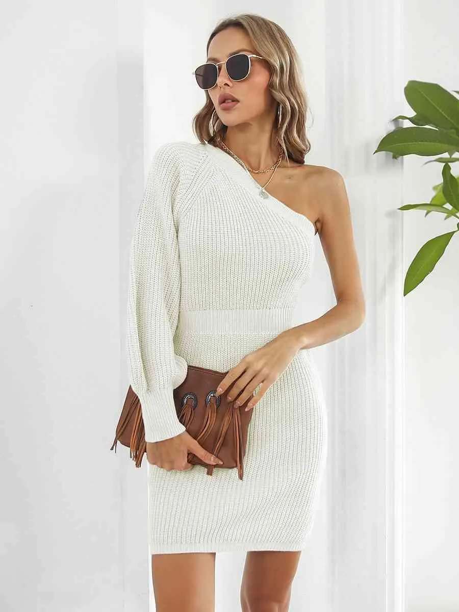Sophisticatedly Comfy One Shoulder Sweater Dress