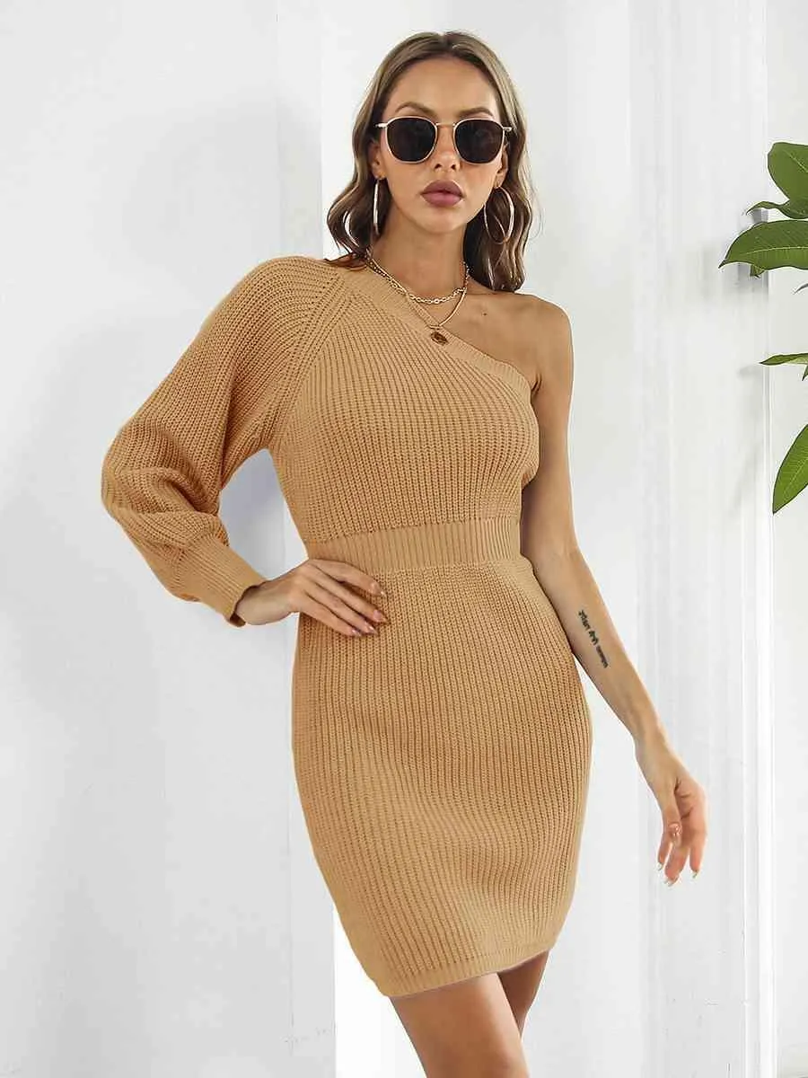 Sophisticatedly Comfy One Shoulder Sweater Dress