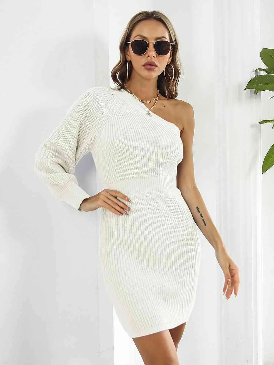 Sophisticatedly Comfy One Shoulder Sweater Dress