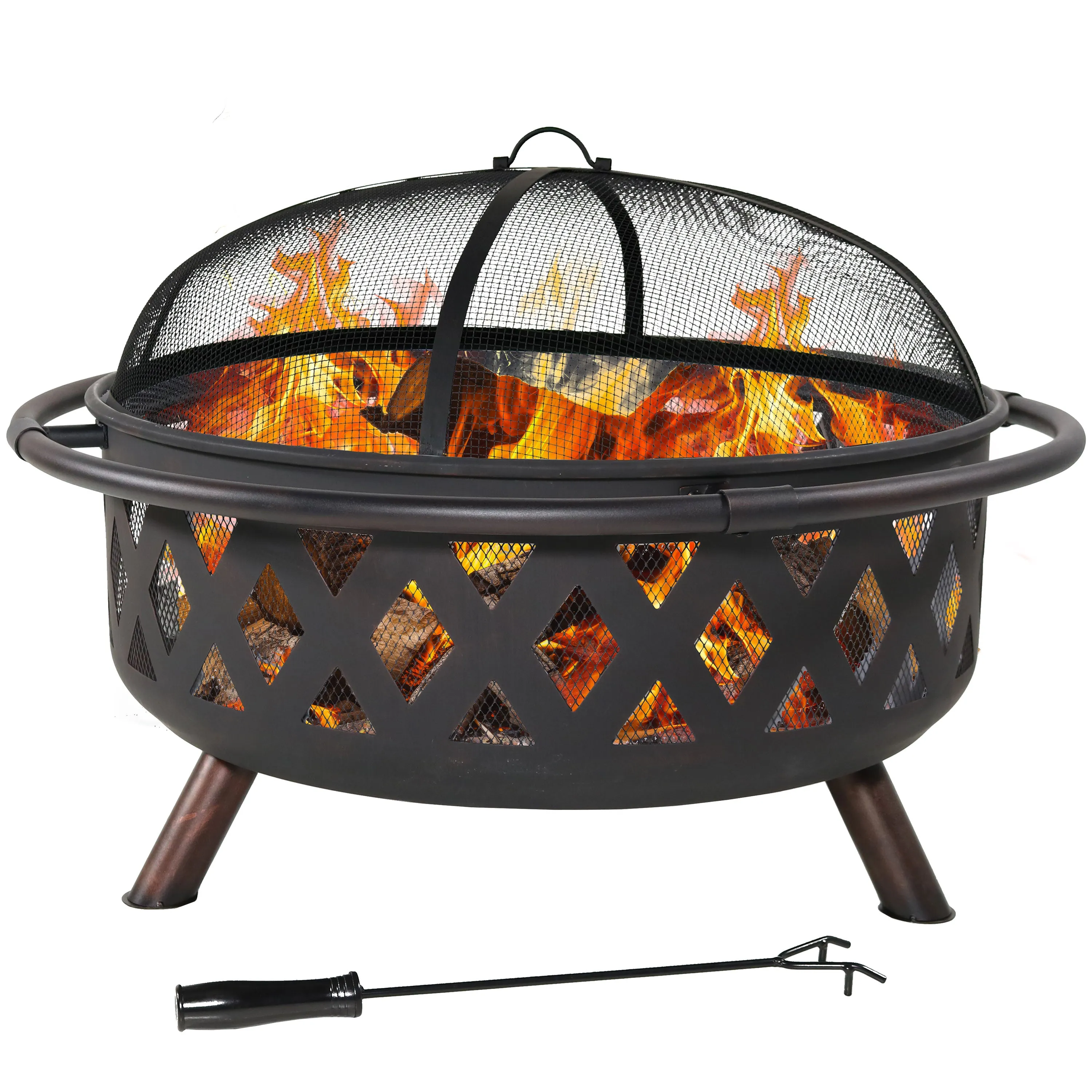 Sunnydaze Black Crossweave Wood Fire Pit with Cover, Spark Screen, Grate, and Poker
