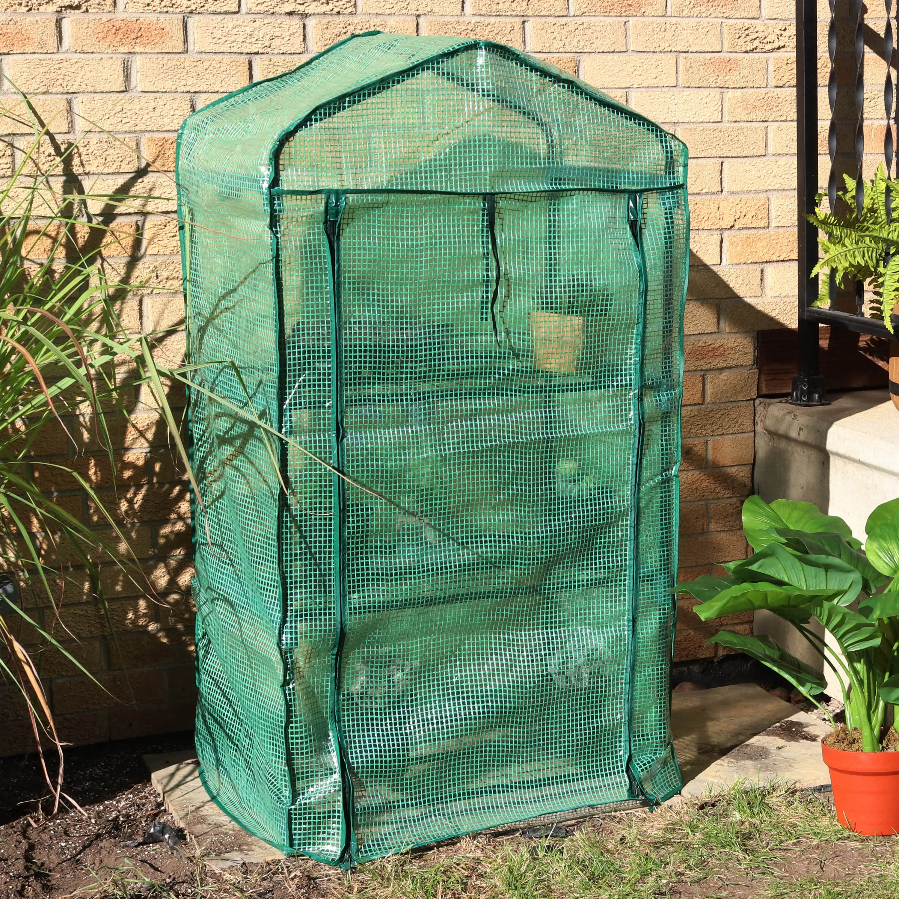 Sunnydaze Portable 3-Tier Mini Greenhouse for Outdoors - Green