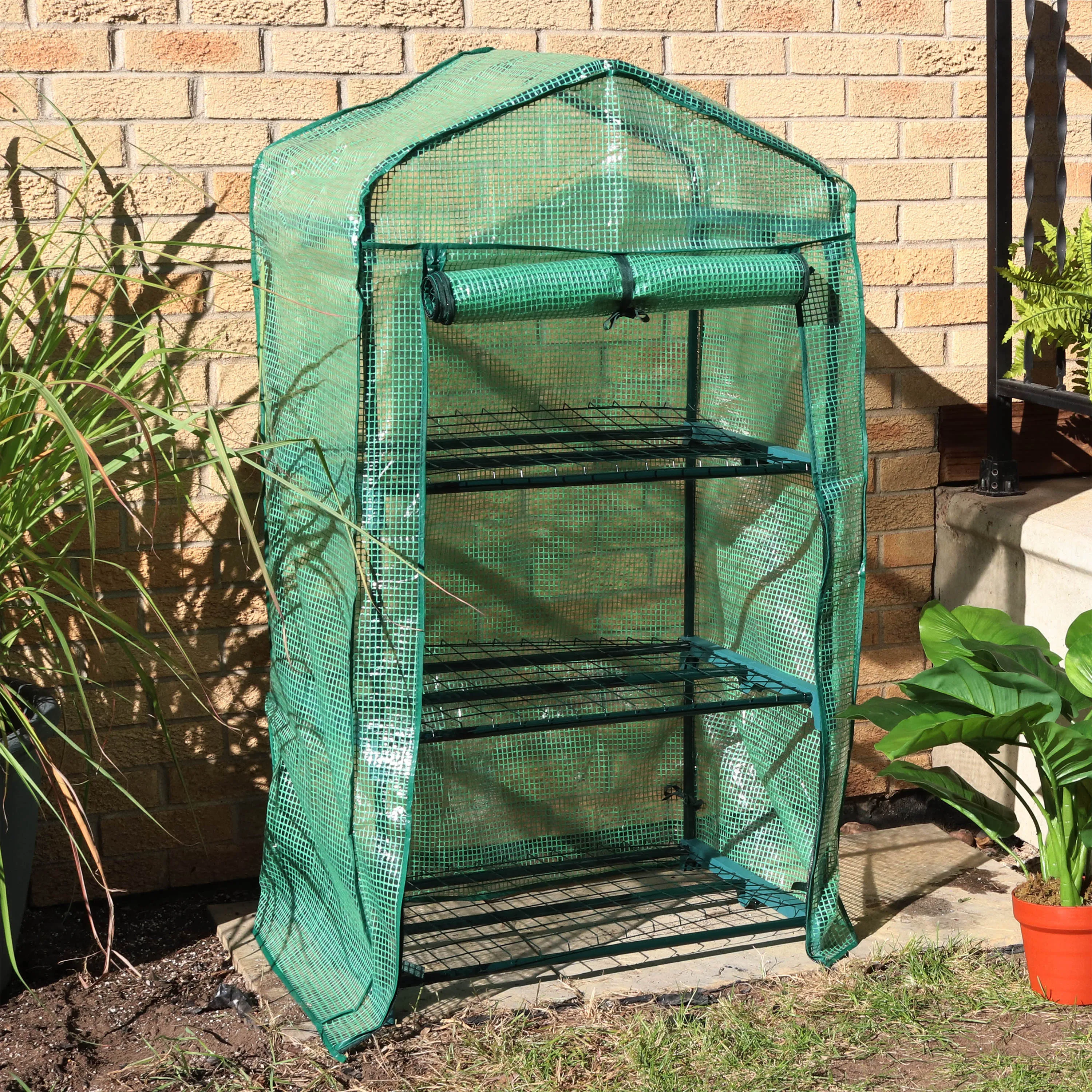 Sunnydaze Portable 3-Tier Mini Greenhouse for Outdoors - Green