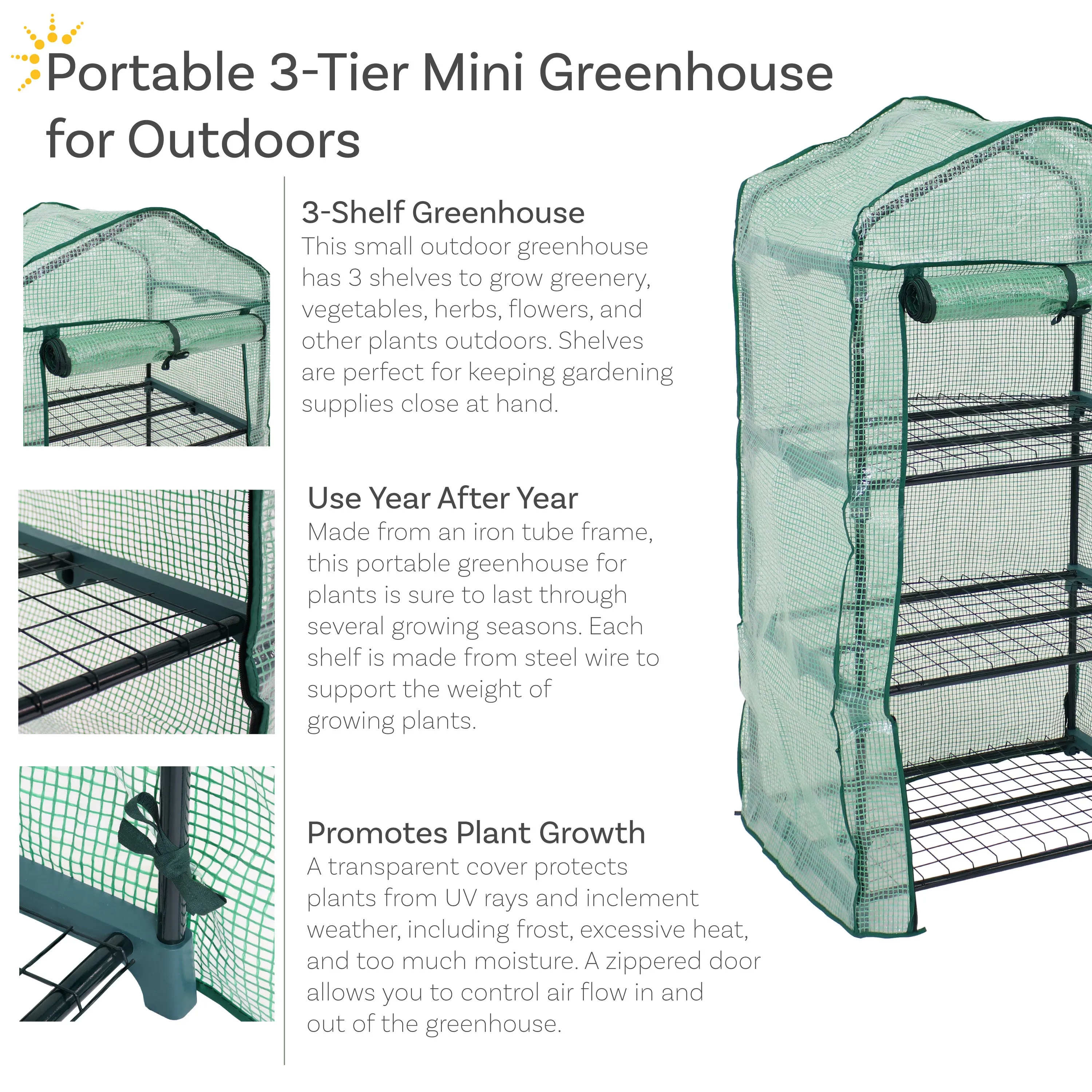 Sunnydaze Portable 3-Tier Mini Greenhouse for Outdoors - Green