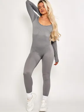 Taylor Long Sleeves Ribbed Basic Jumpsuit In Grey