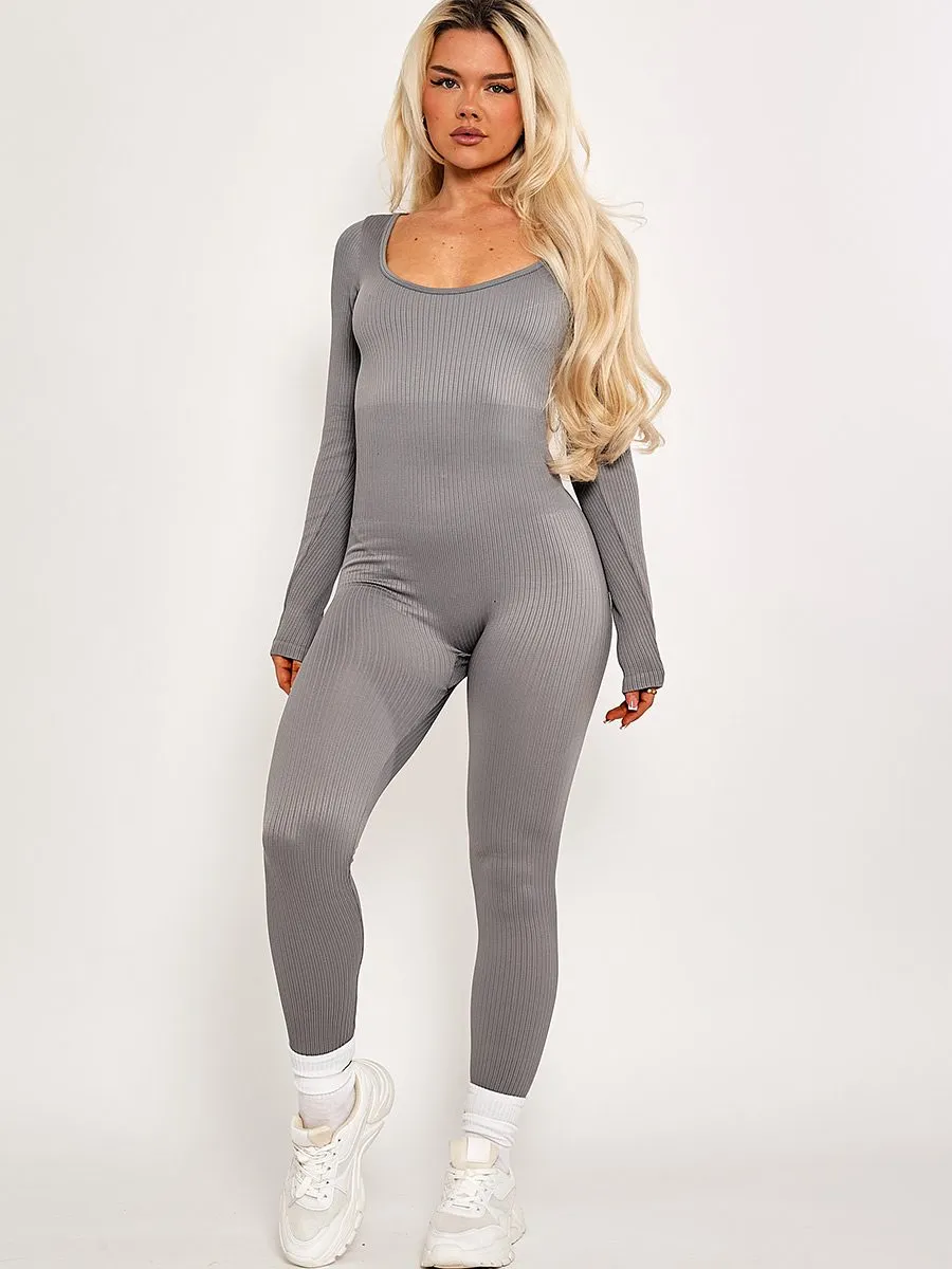Taylor Long Sleeves Ribbed Basic Jumpsuit In Grey