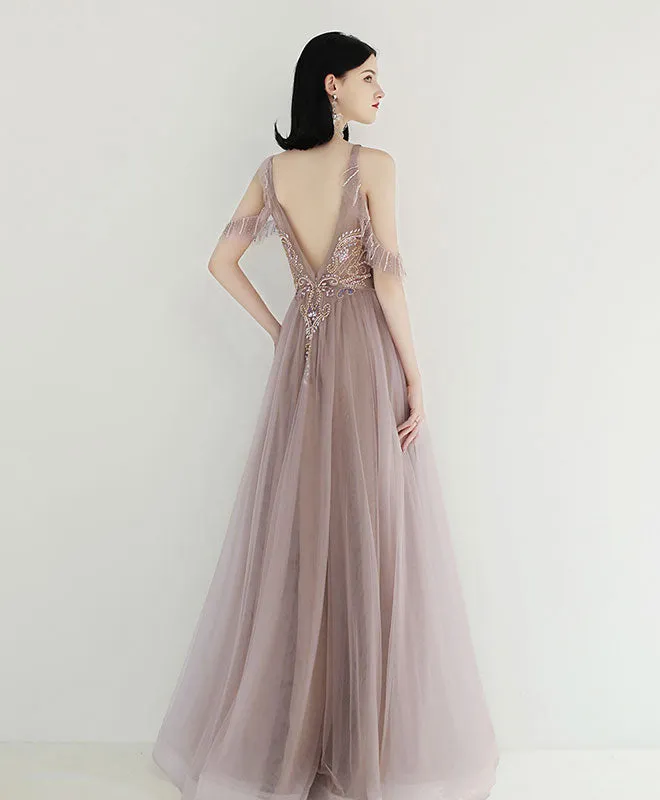 Unique Tulle Beads Long Prom Dress, Tulle Formal Dress