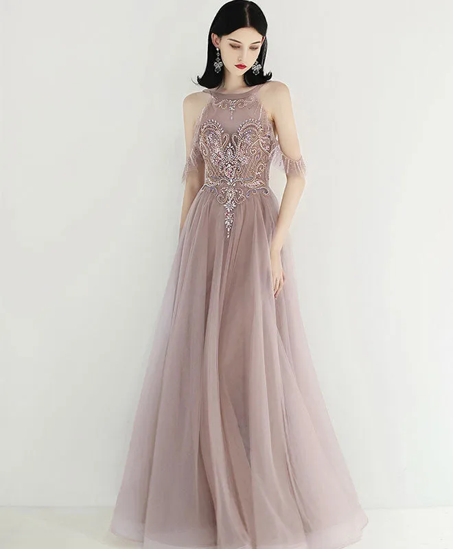 Unique Tulle Beads Long Prom Dress, Tulle Formal Dress