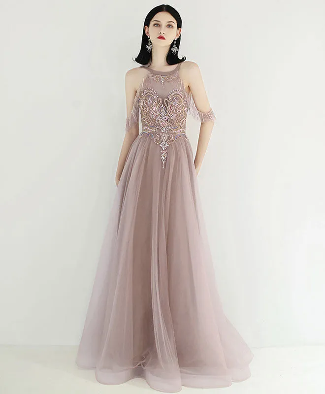 Unique Tulle Beads Long Prom Dress, Tulle Formal Dress